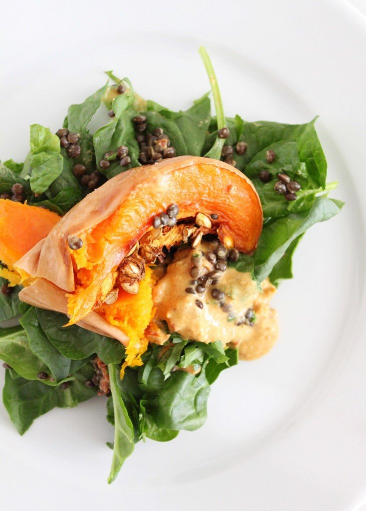 Spinach, Roasted Squash and Lentil Salad with Sundried Tomato and Tahini Dressing