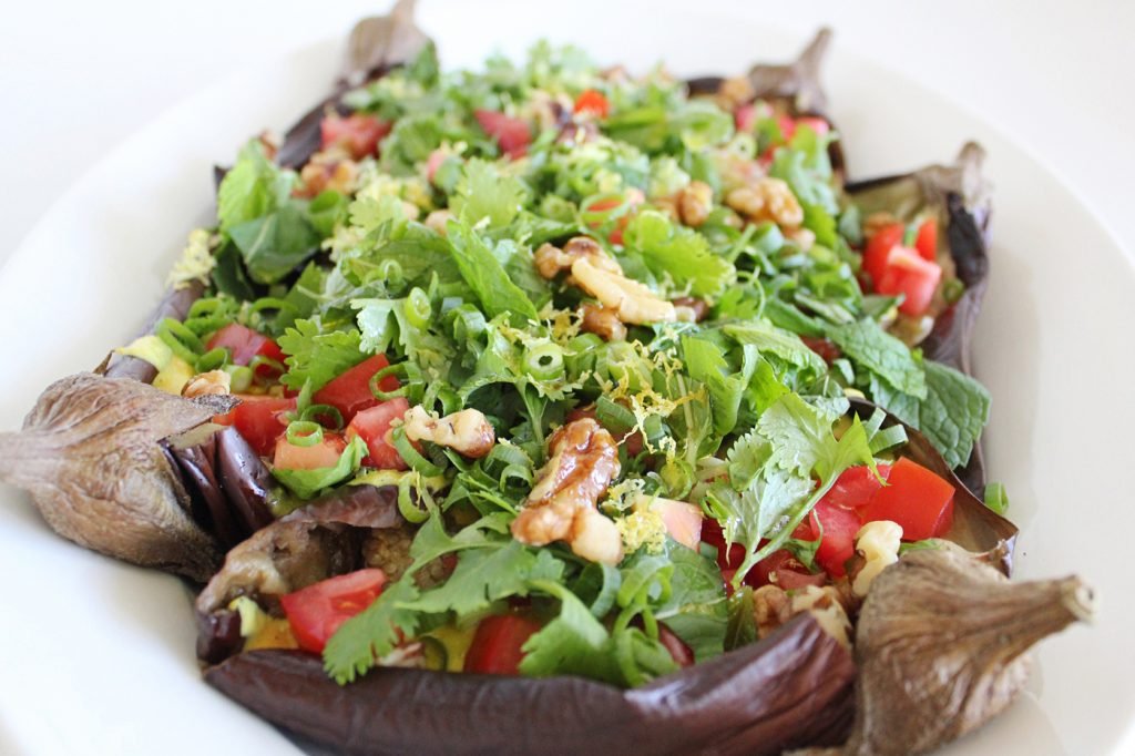 Roasted Whole Eggplant with Tahini and Fresh Herbs