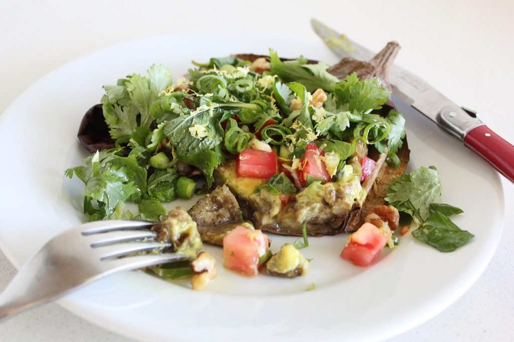 Roasted Whole Eggplant with Tahini and Fresh Herbs