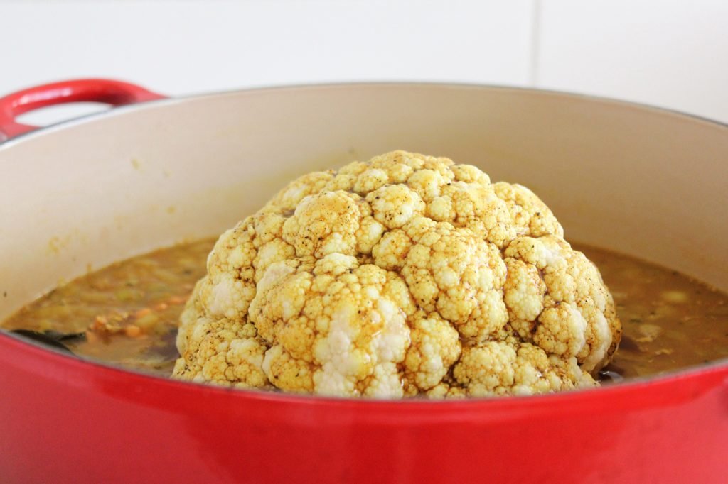 Whole Roasted Cauliflower in Lentil Curry