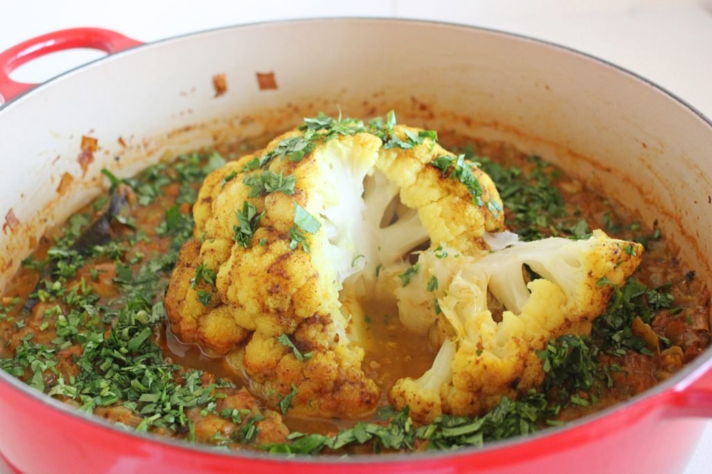 Whole Roasted Cauliflower in Lentil Curry